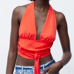 NWT Zara knotted cropped halter top red size small